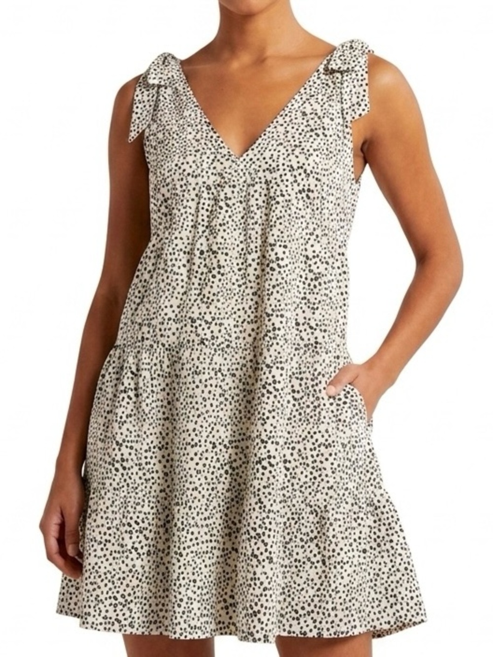 Baevely Polka Dot Tie Shoulder Mini Dress X-Large Pockets Cream Black